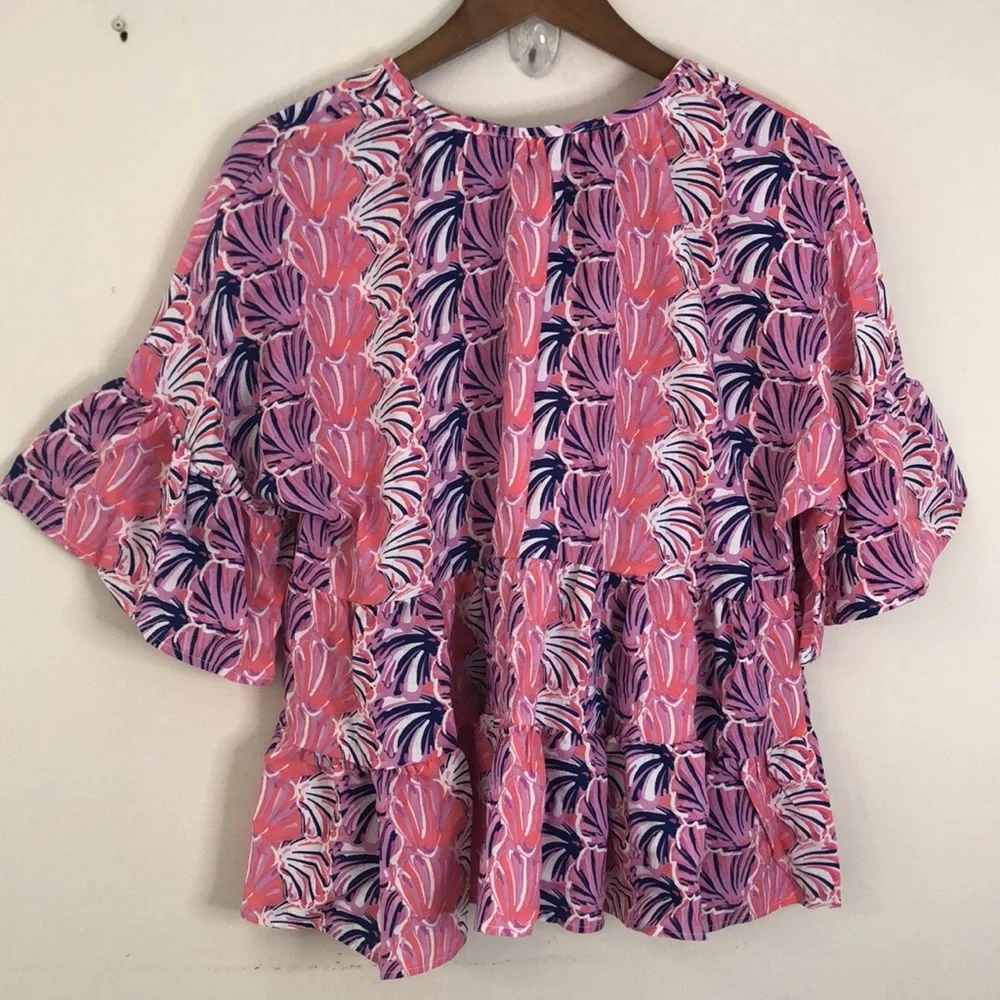 Simply Southern colorful top shell print pink blue white ruffles crop sleeves SM - Picture 2 of 9